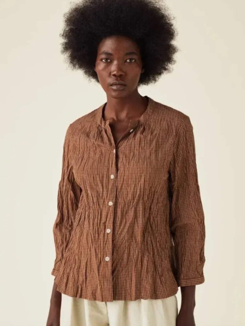 Toast Crinkle Check Cotton Swingy Shirt in Copper/Ecru Size Medium